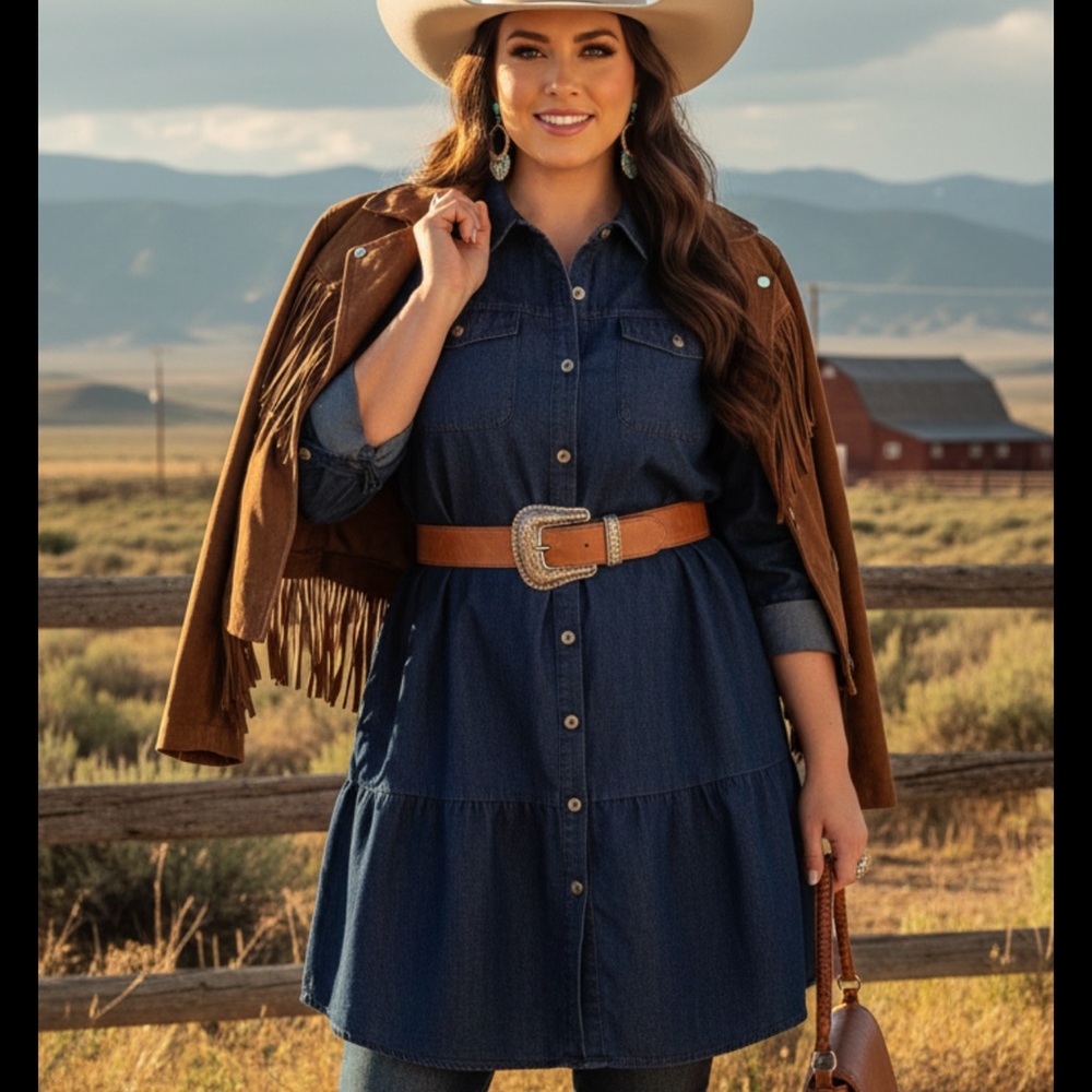 Eighty Eight Denim Mini Dress Tunic Tiered Chambray Dark Wash Country Western